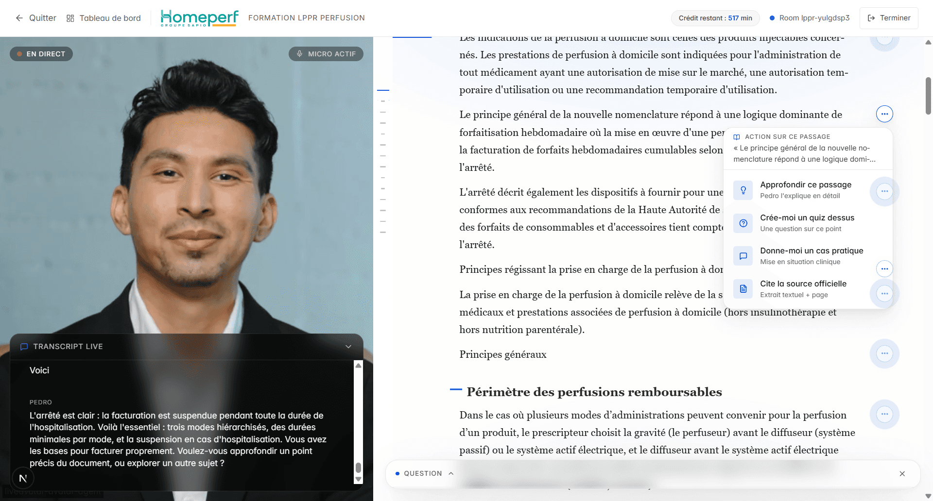 Menu d'action sur un passage du document